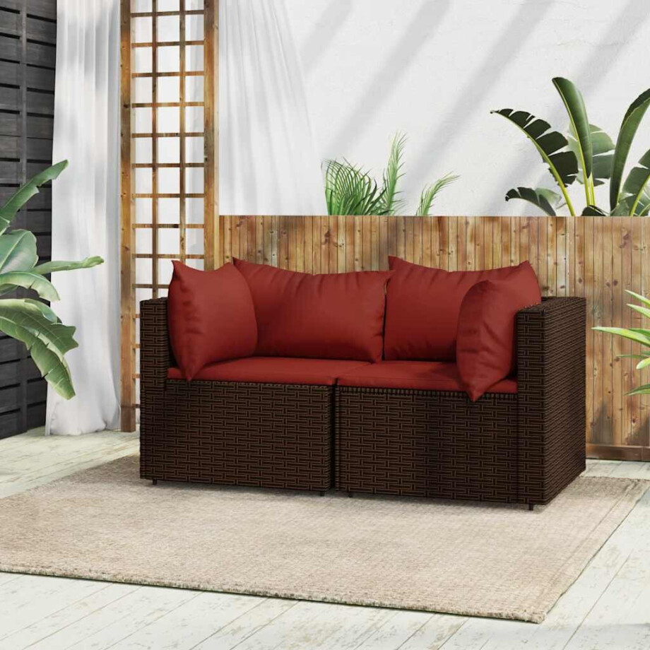 vidaXL Tuinhoekbanken met kussens 2 st poly rattan bruin afbeelding 1