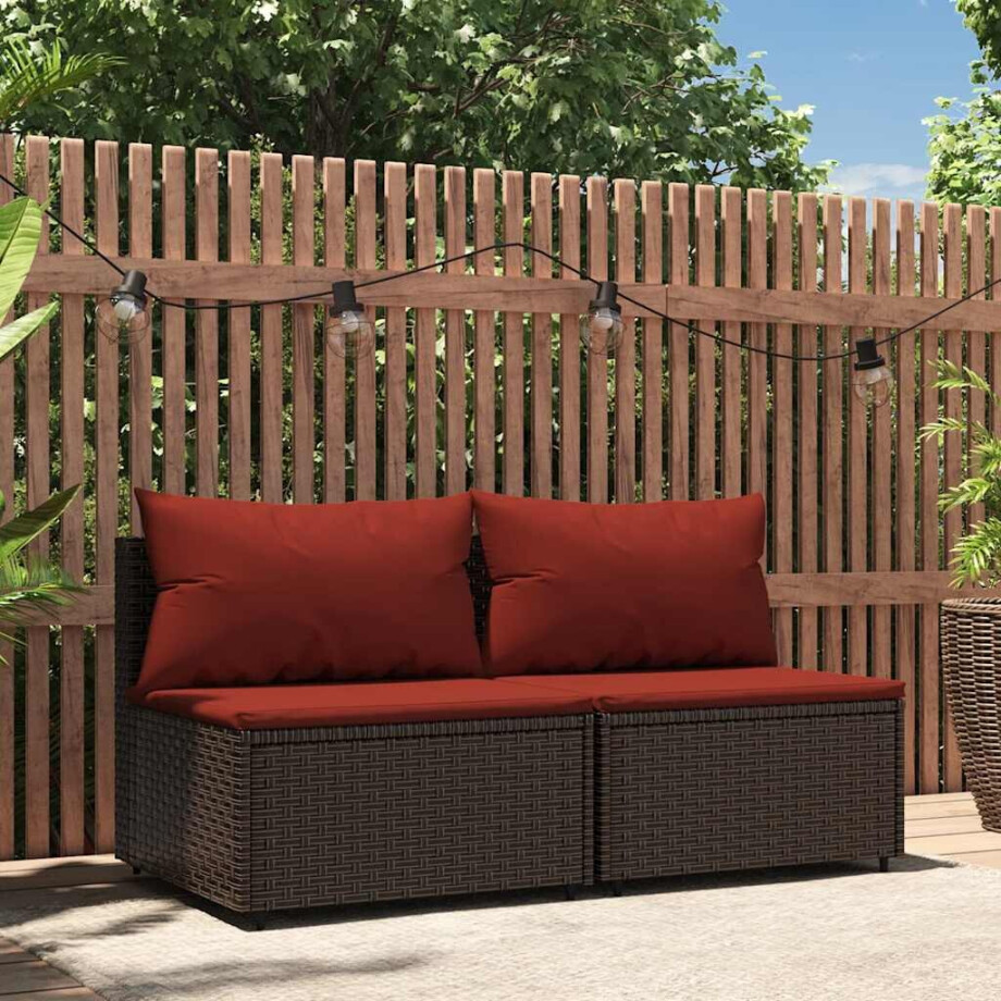 vidaXL Tuinmiddenbanken met kussens 2 st poly rattan bruin afbeelding 1