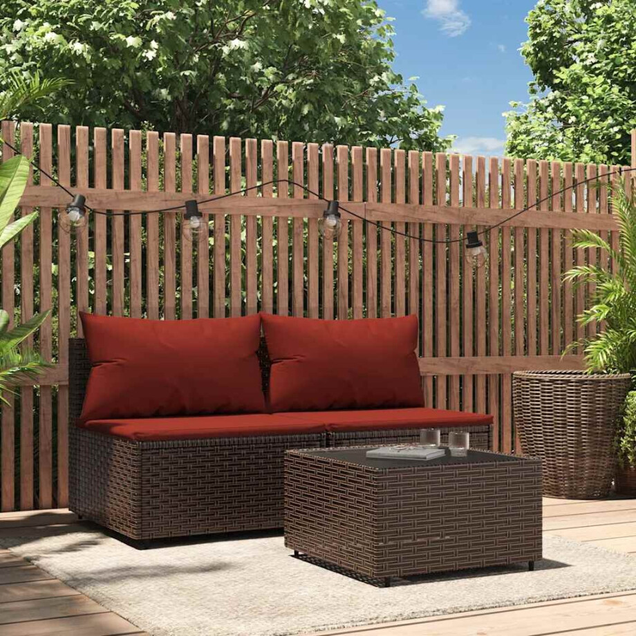 vidaXL 3-delige Loungeset met kussens poly rattan bruin afbeelding 1