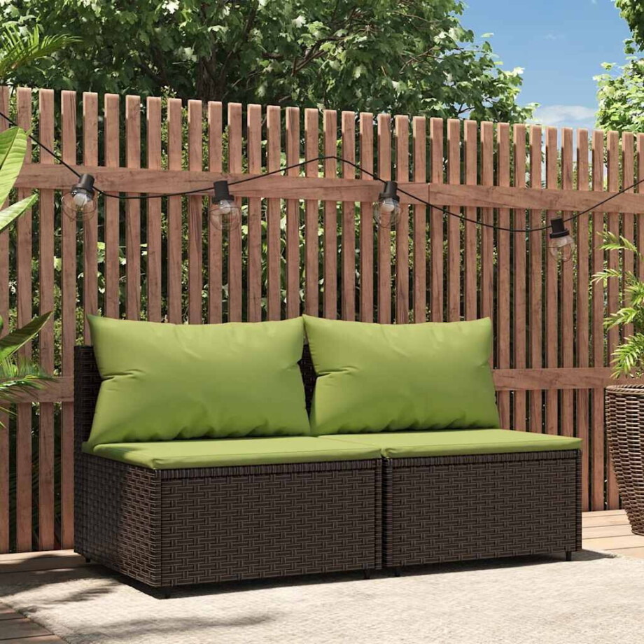 vidaXL Tuinmiddenbanken met kussens 2 st poly rattan bruin afbeelding 1