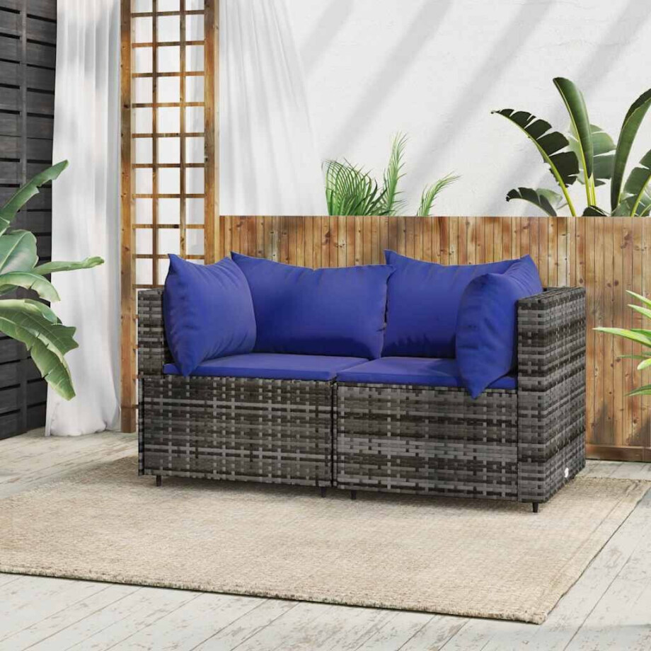 vidaXL Tuinhoekbanken met kussens 2 st poly rattan grijs afbeelding 1