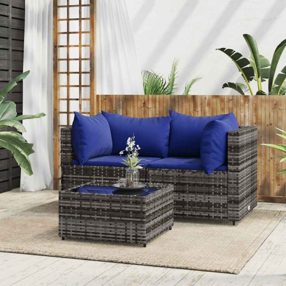 vidaXL 3-delige Loungeset met kussens poly rattan grijs afbeelding 1