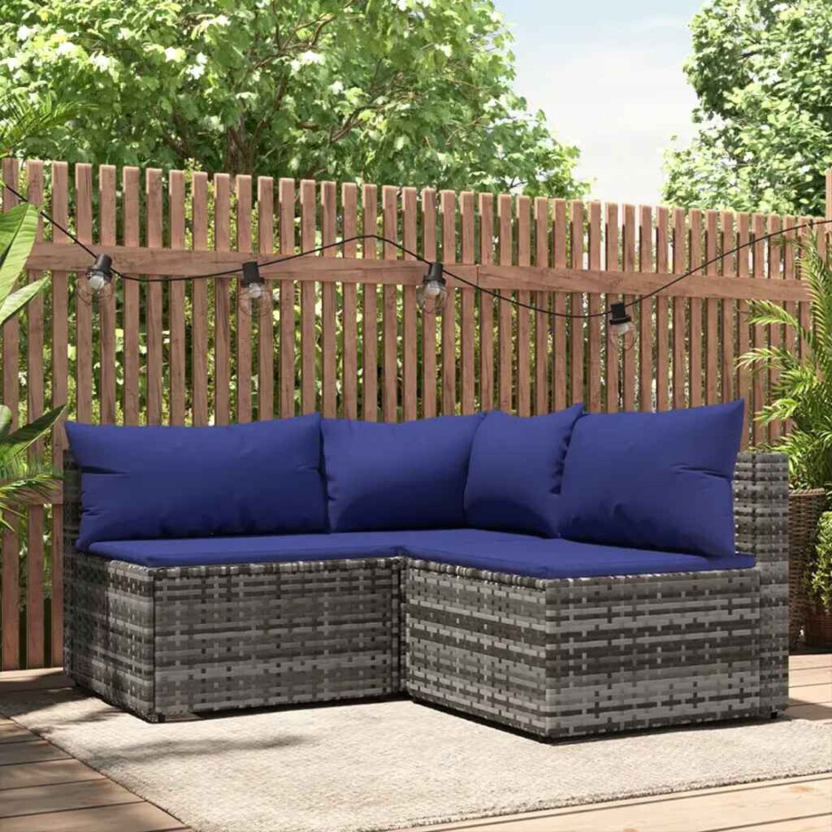 vidaXL 3-delige Loungeset met kussens poly rattan grijs afbeelding 1