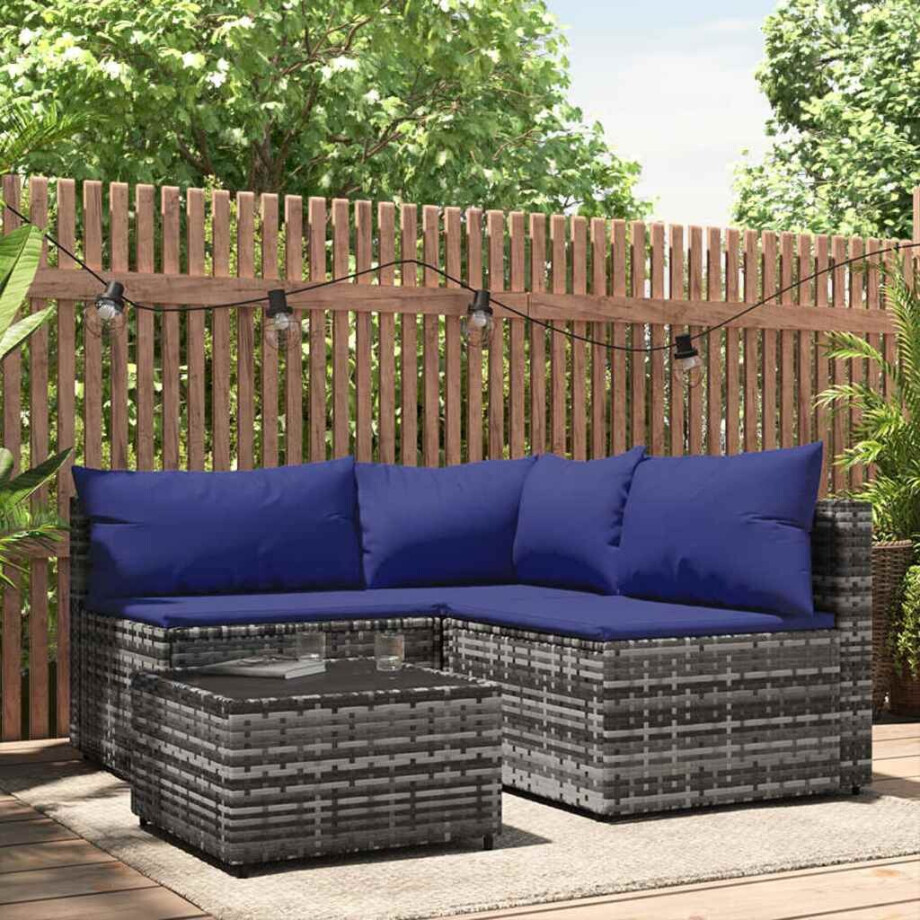 vidaXL 4-delige Loungeset met kussens poly rattan grijs afbeelding 1