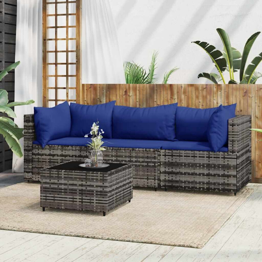 vidaXL 4-delige Loungeset met kussens poly rattan grijs vidaXL 4-delige Loungeset met kussens poly rattan grijs afbeelding 1