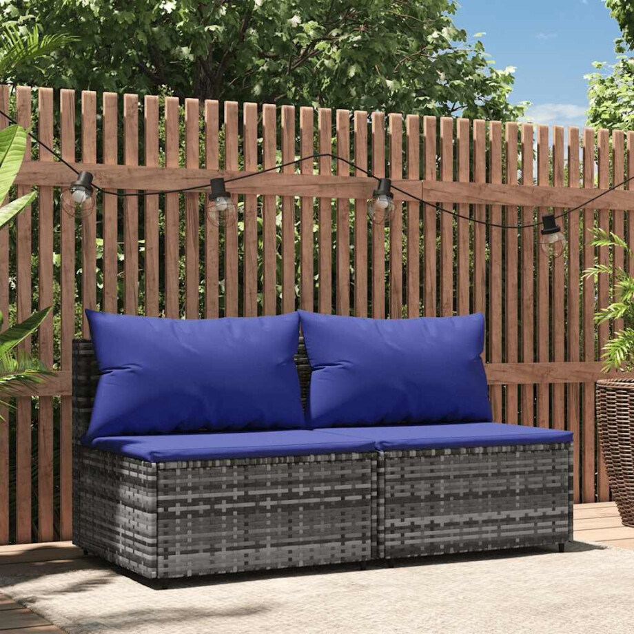 vidaXL Tuinmiddenbank met kussens 2 st poly rattan grijs vidaXL Tuinmiddenbank met kussens 2 st poly rattan grijs afbeelding 1