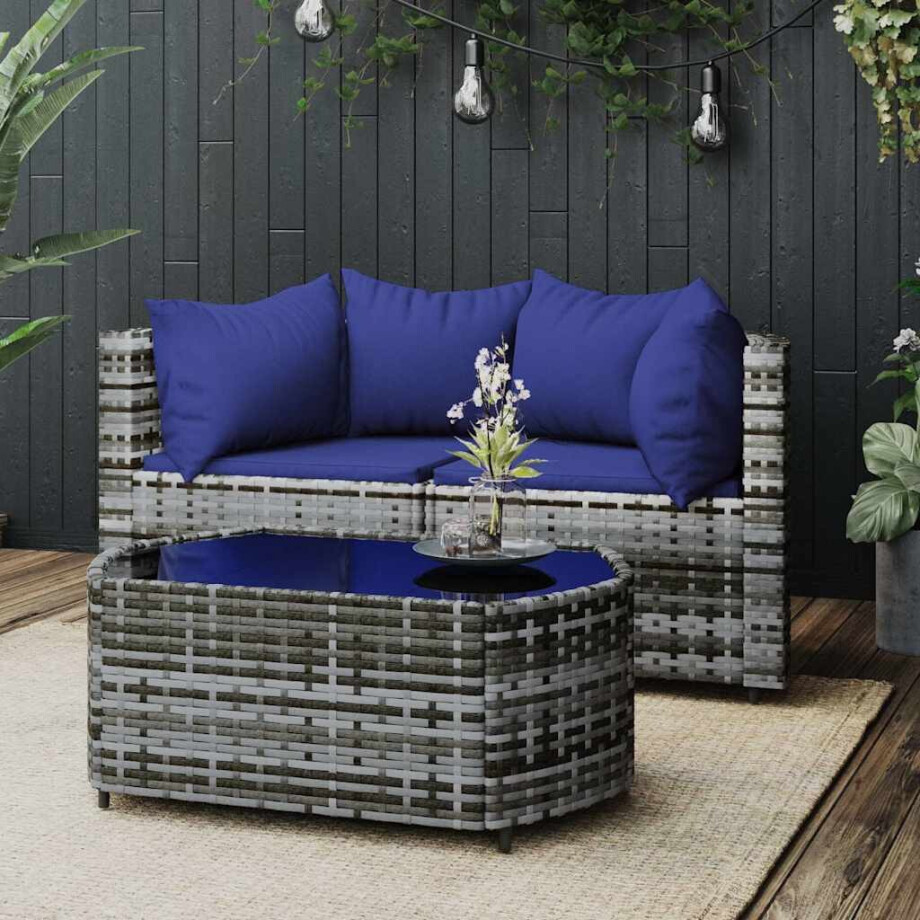 vidaXL 3-delige Loungeset met kussens poly rattan grijs afbeelding 1