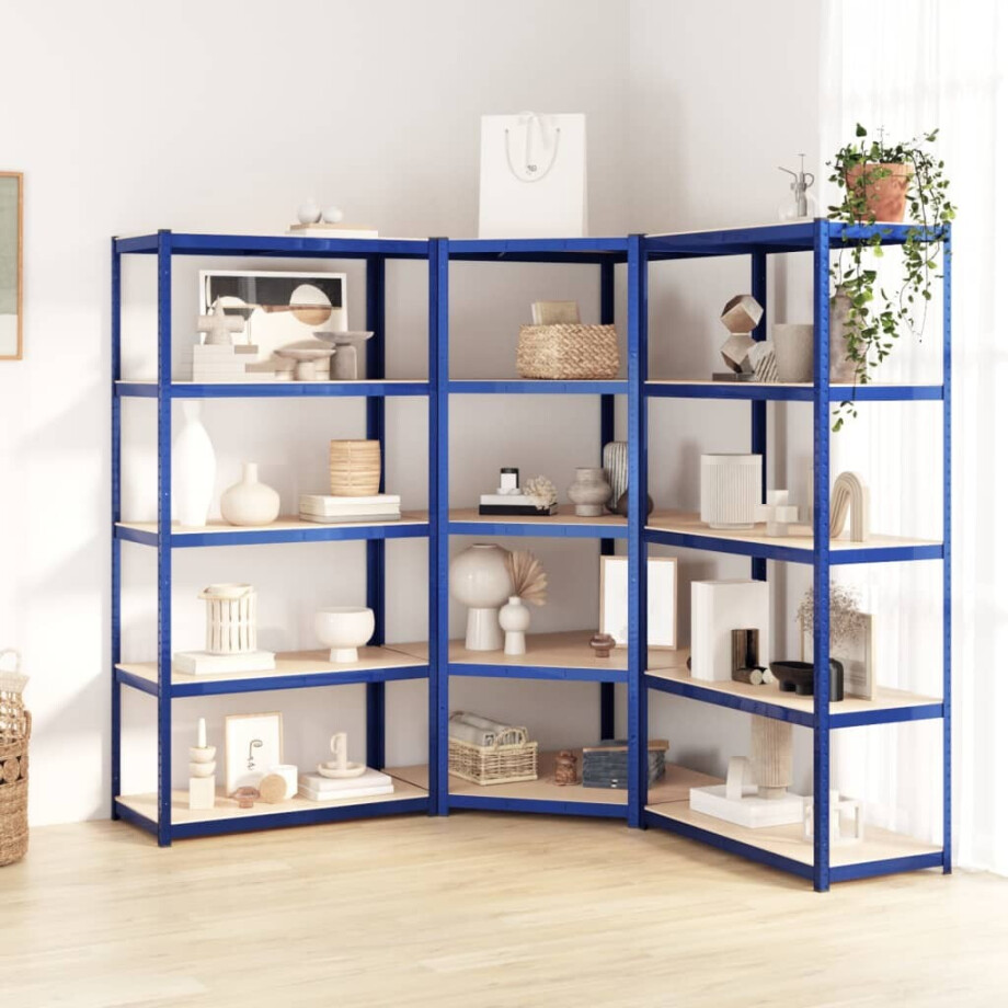 vidaXL Opbergrekken 3 st 5-laags staal en bewerkt hout blauw afbeelding 1