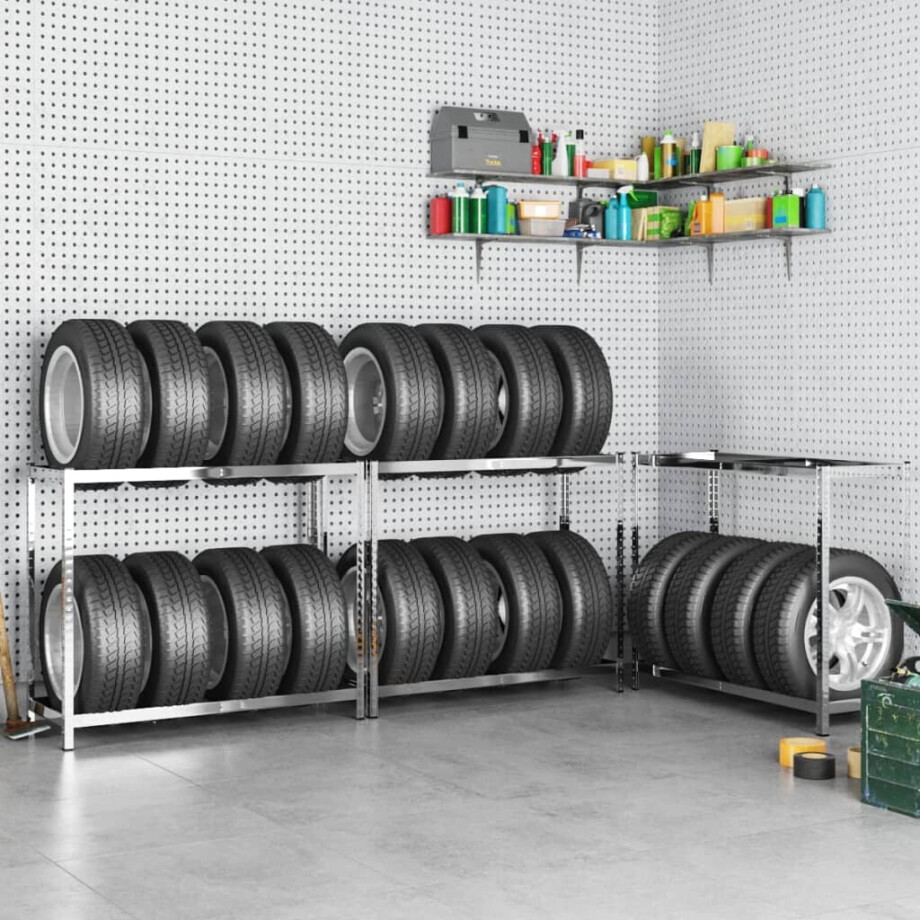 vidaXL Bandenrekken 2-laags 3 st 110x40x110 cm staal zilverkleurig vidaXL Bandenrekken 2-laags 3 st 110x40x110 cm staal zilverkleurig afbeelding 1
