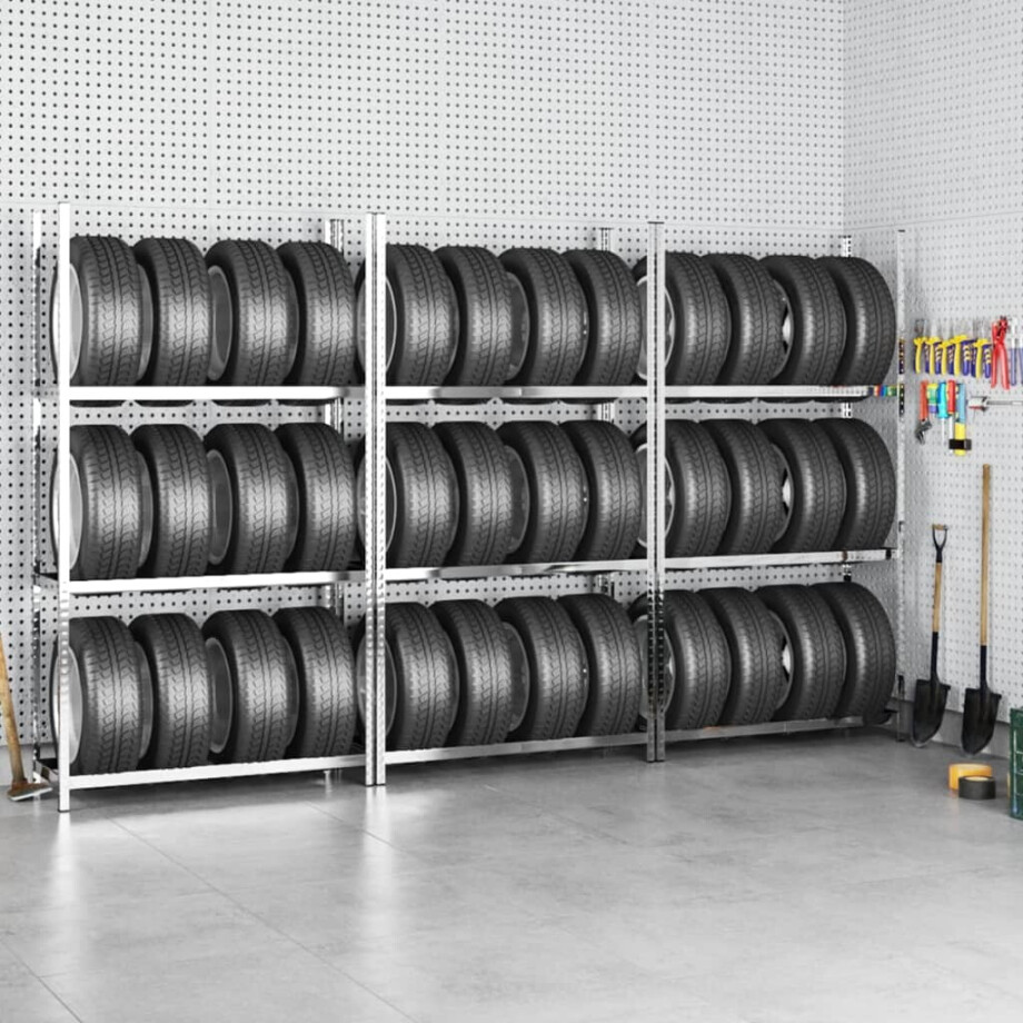 vidaXL Bandenrekken 3-laags 3 st 110x40x200 cm staal zilverkleurig vidaXL Bandenrekken 3-laags 3 st 110x40x200 cm staal zilverkleurig afbeelding 1