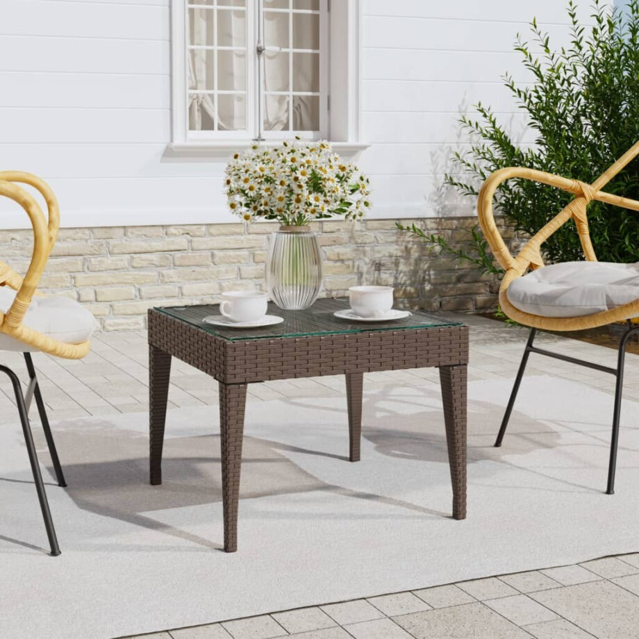 vidaXL Bijzettafel 50x50x38 cm poly rattan en gehard glas bruin afbeelding 1