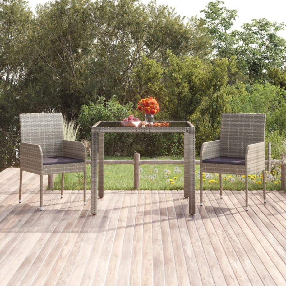 vidaXL Tuintafel met glazen blad 90x90x75 cm poly rattan grijs afbeelding 1