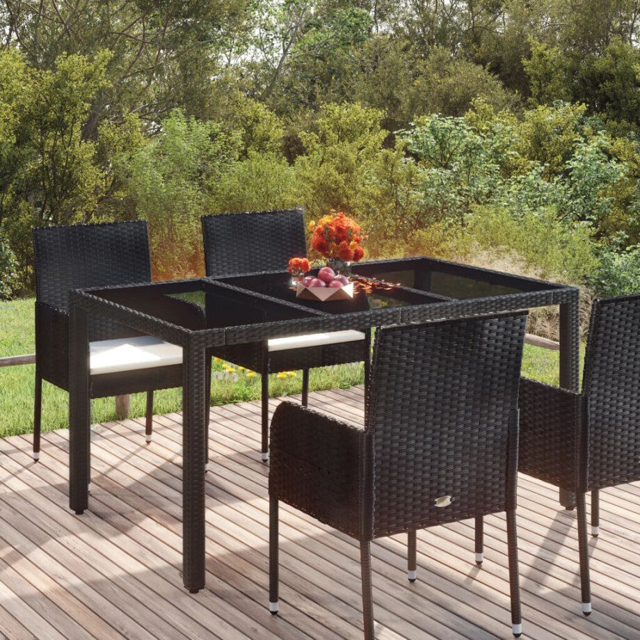 vidaXL Tuintafel met glazen blad 150x90x75 cm poly rattan zwart afbeelding 1
