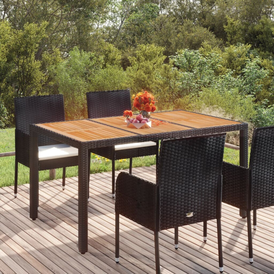 vidaXL Tuintafel met houten blad 150x90x75 cm poly rattan zwart afbeelding 1
