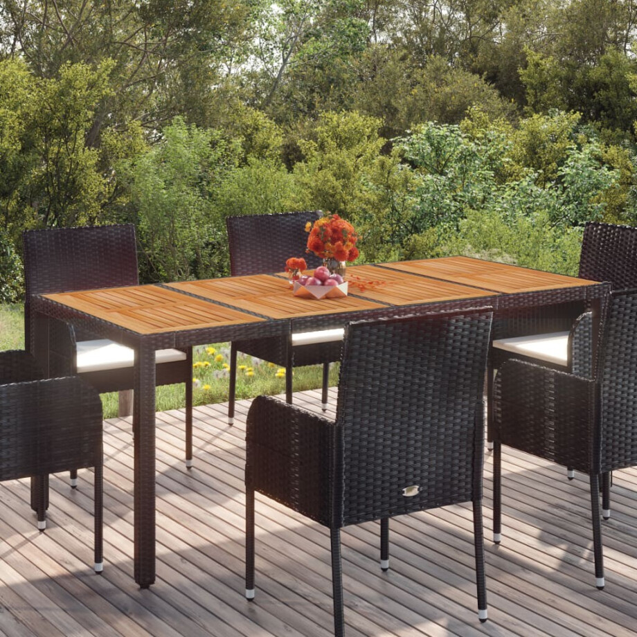 vidaXL Tuintafel met houten blad 190x90x75 cm poly rattan zwart afbeelding 1