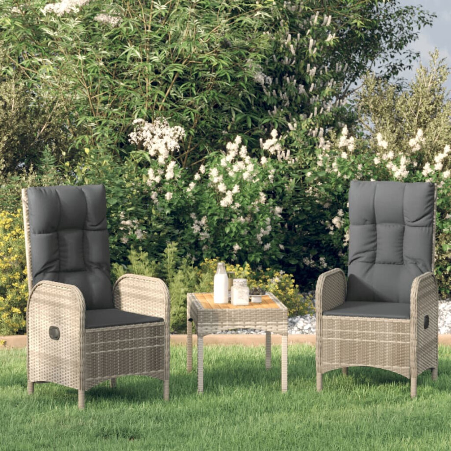 vidaXL 3-delige Loungeset met kussens poly rattan grijs afbeelding 1