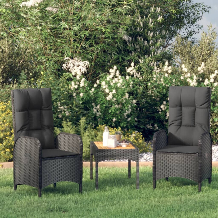 vidaXL 3-delige Loungeset met kussens poly rattan zwart afbeelding 1