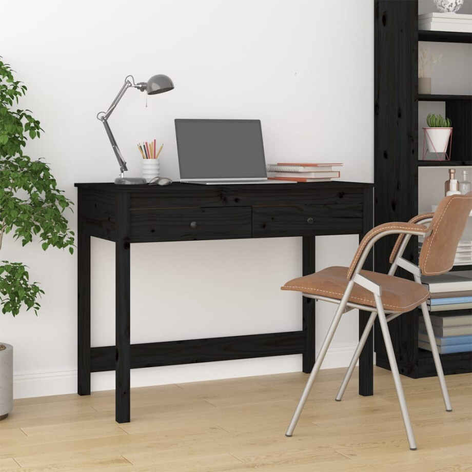vidaXL Bureau met lades 100x50x78 cm massief grenenhout zwart afbeelding 1