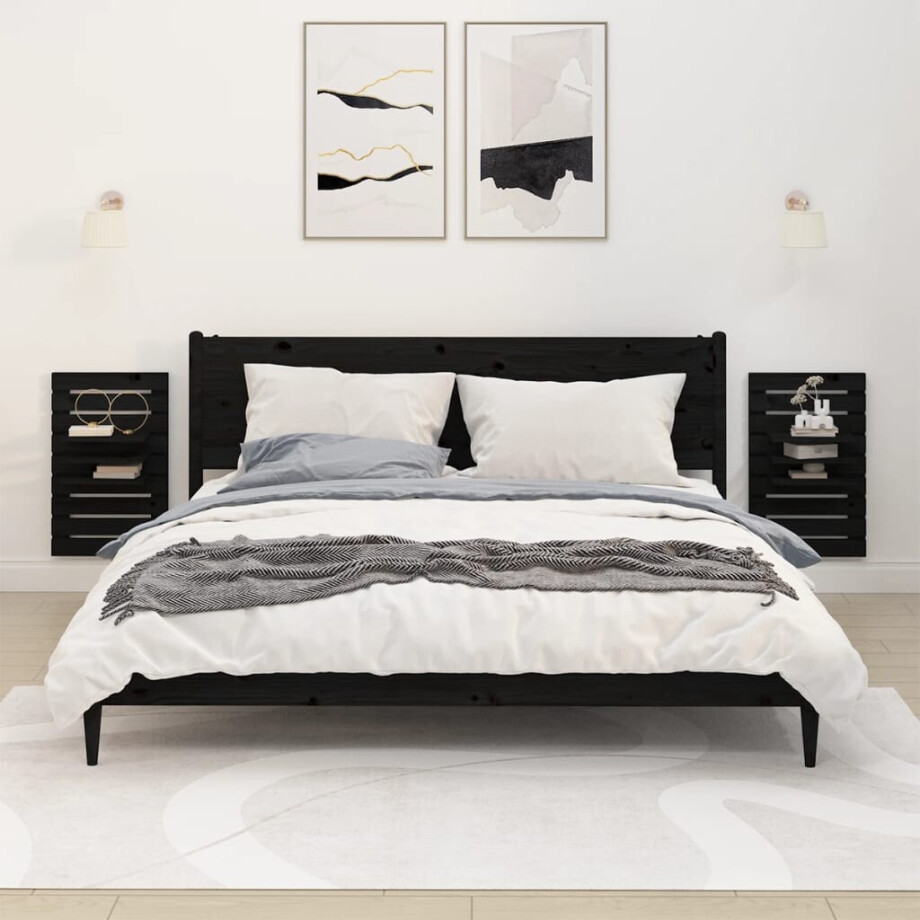 vidaXL Nachtkastjes wandgemonteerd 2 st massief grenenhout zwart afbeelding 1