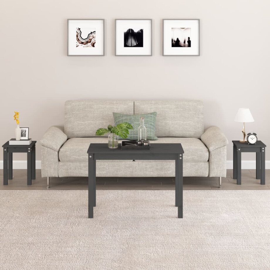 vidaXL Tafeltjesset 3 st massief grenenhout grijs afbeelding 1