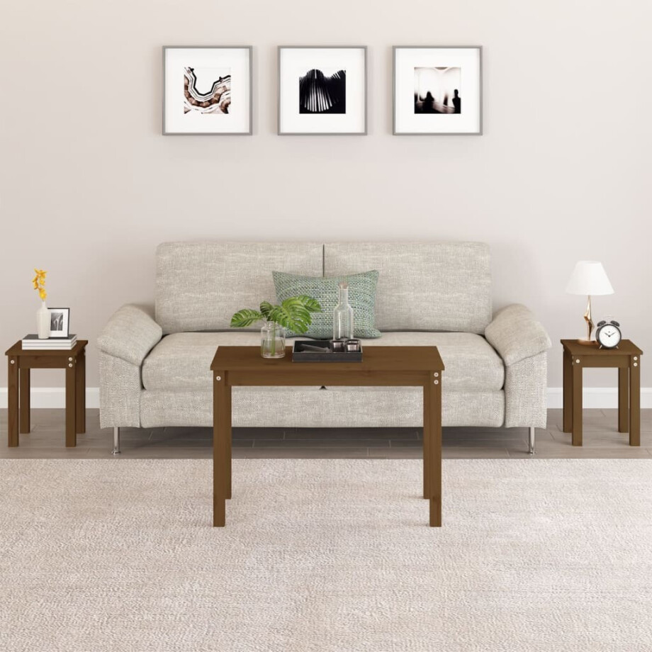 vidaXL Tafeltjesset 3 st massief grenenhout honingbruin afbeelding 1