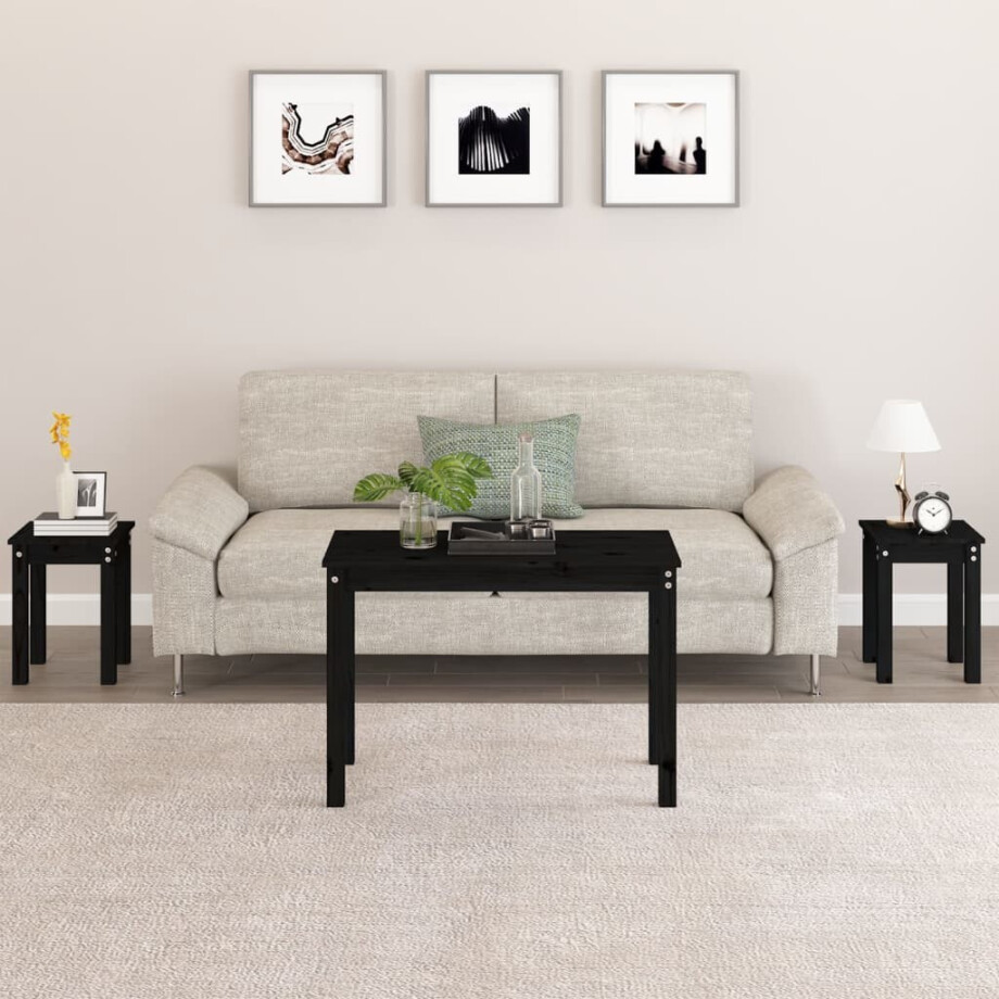 vidaXL Tafeltjesset 3 st massief grenenhout zwart afbeelding 1