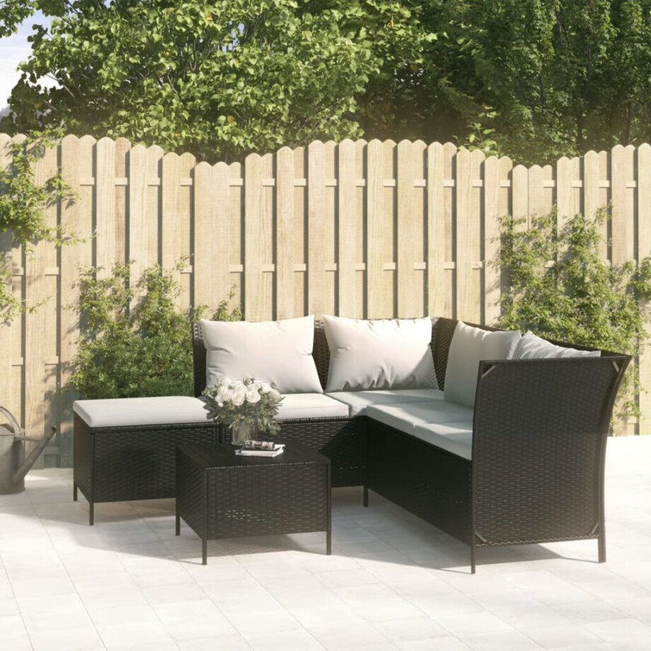 vidaXL 4-delige Loungeset met kussens poly rattan zwart afbeelding 1