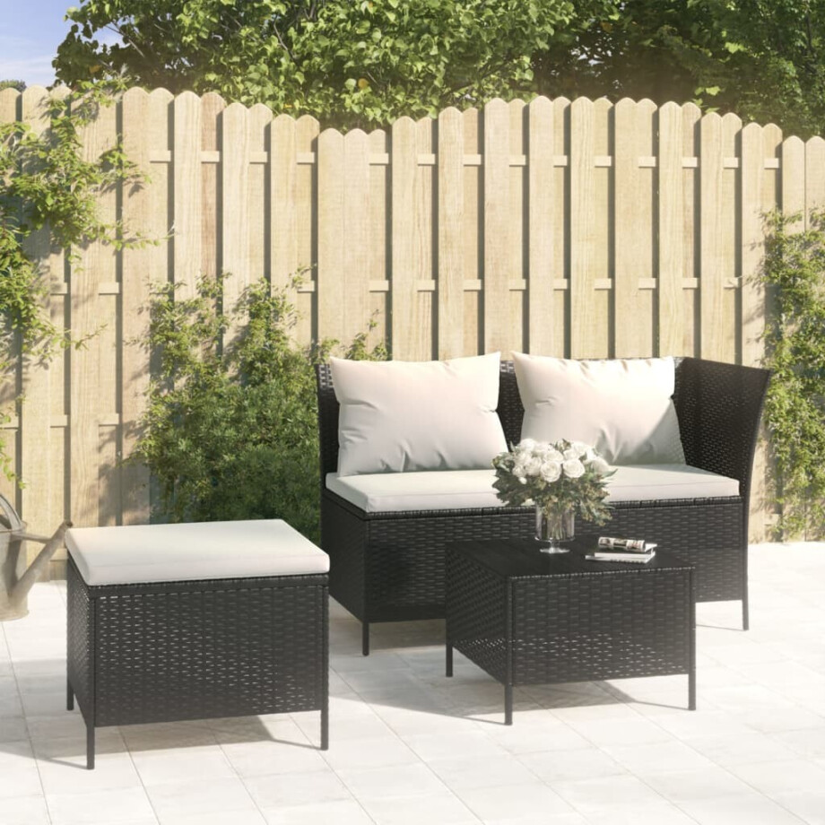 vidaXL 3-delige Loungeset met kussens poly rattan zwart afbeelding 1