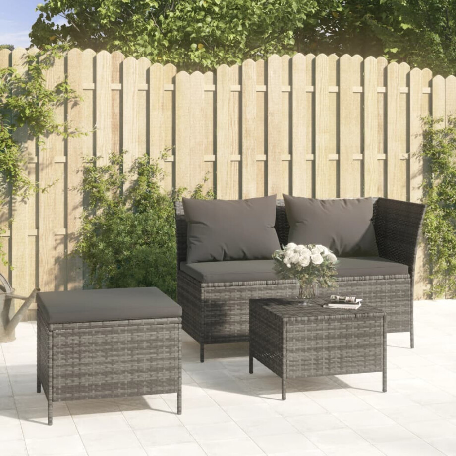 vidaXL 3-delige Loungeset met kussens poly rattan grijs afbeelding 1