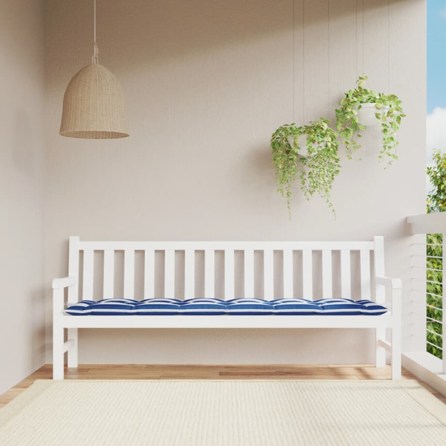 vidaXL Tuinbankkussen gestreept 200x50x7 cm stof wit en blauw afbeelding 1