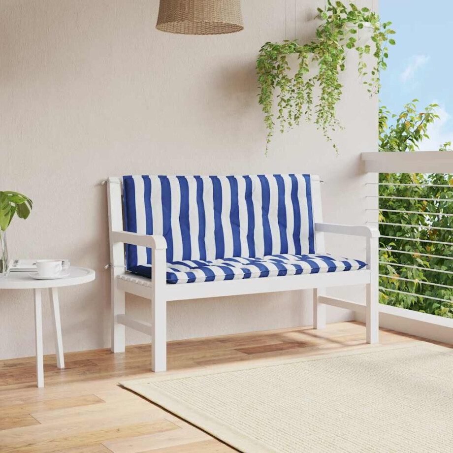 vidaXL Tuinbankkussens 2 st gestreept 120x50x7 cm stof wit en blauw afbeelding 1