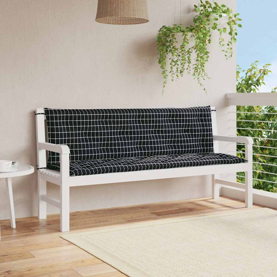 vidaXL Tuinbankkussens 2 st ruitpatroon 150x50x7 cm stof zwart afbeelding 1