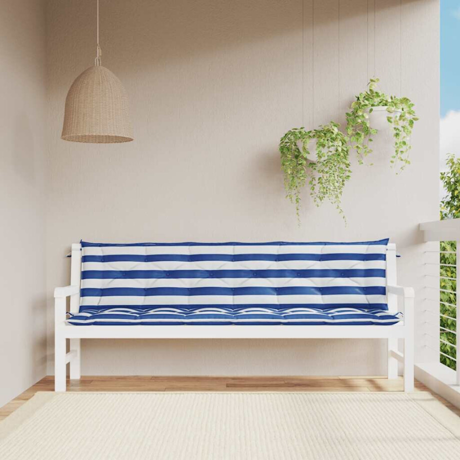 vidaXL Tuinbankkussens 2 st gestreept 200x50x7 cm stof wit en blauw afbeelding 1