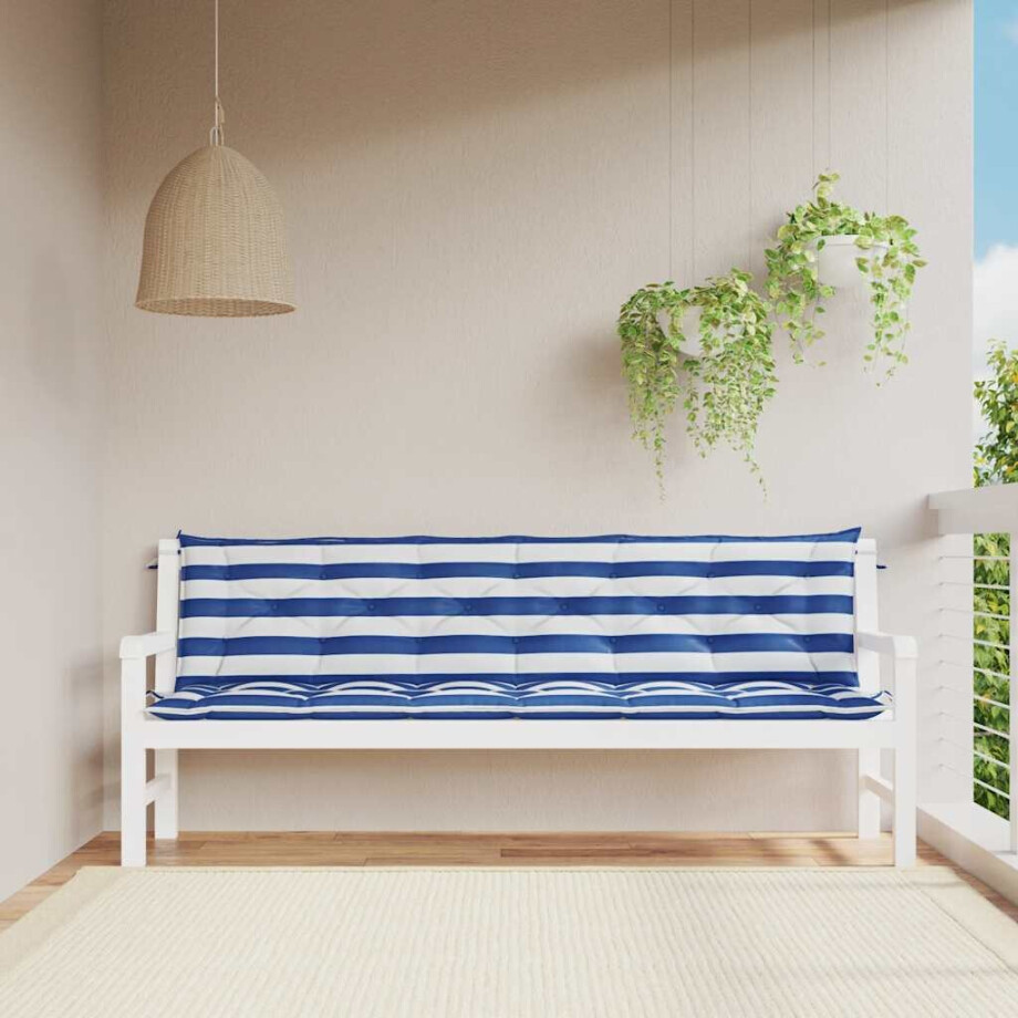vidaXL Tuinbankkussens 2 st gestreept 200x50x7 cm stof wit en blauw afbeelding 1