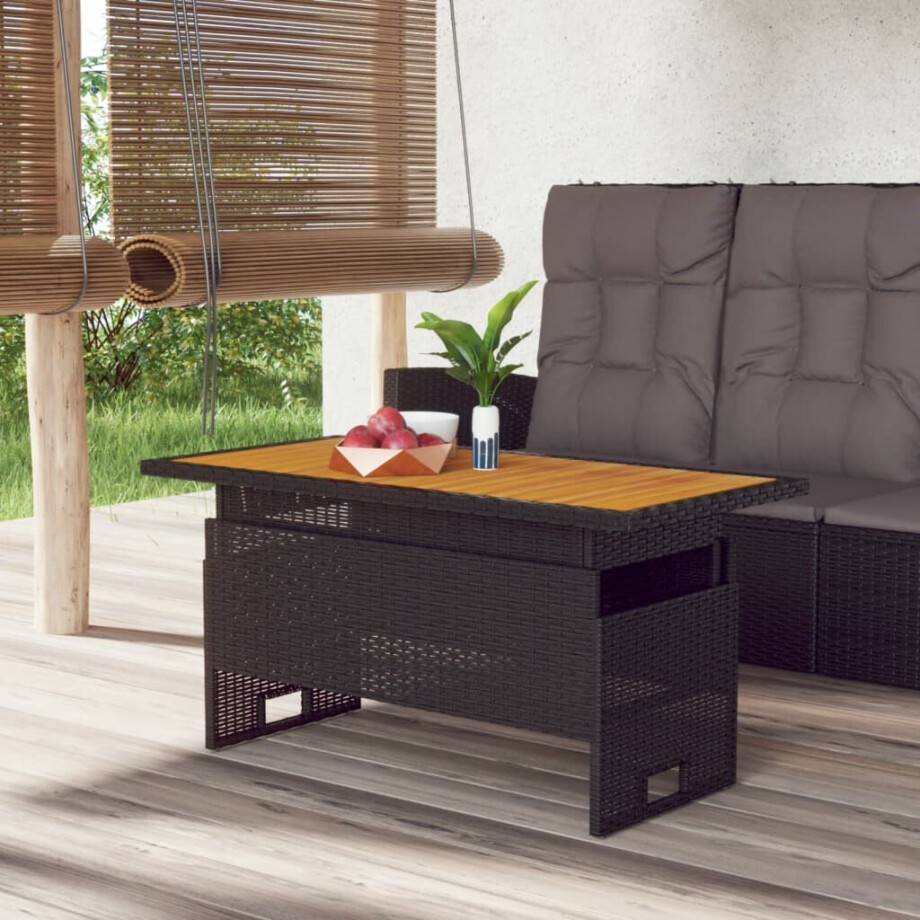 vidaXL Tuintafel 100x50x43/63 cm acaciahout en poly rattan zwart afbeelding 1