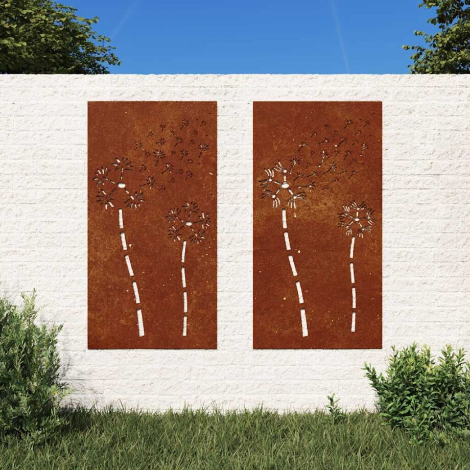 vidaXL Wanddecoratie tuin 2 st bloemenontwerp 105x55 cm cortenstaal afbeelding 1