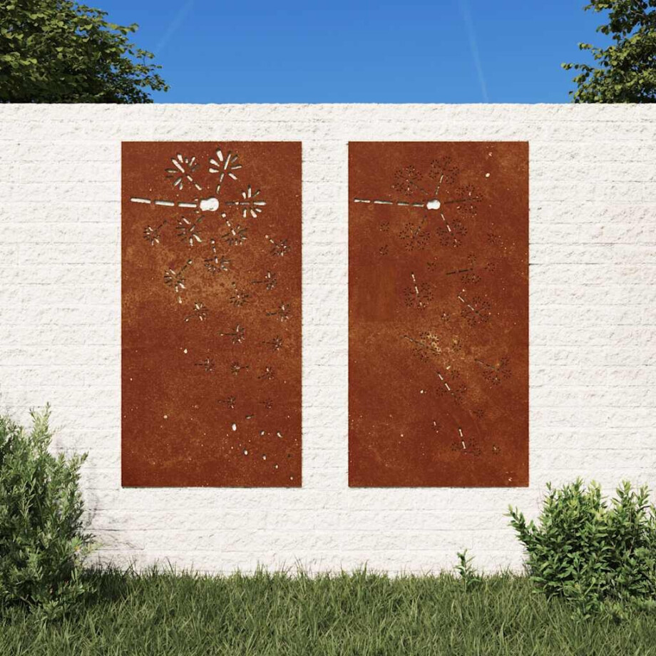 vidaXL Wanddecoratie tuin 2 st bloemenontwerp 105x55 cm cortenstaal afbeelding 1