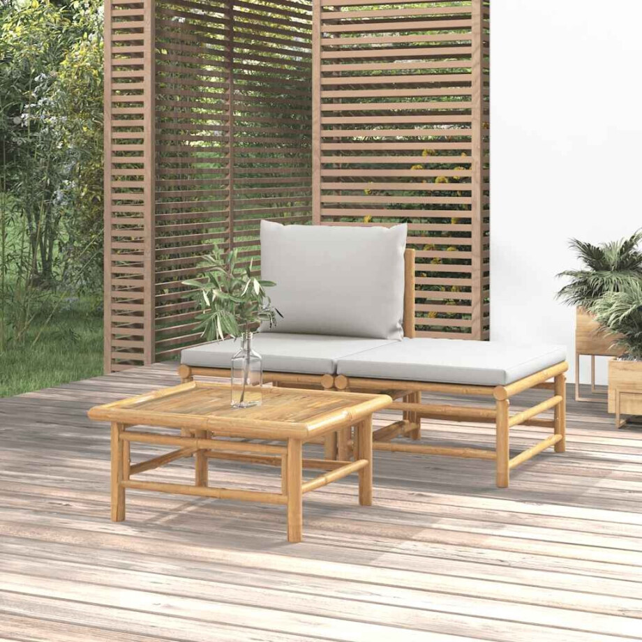 vidaXL 3-delige Loungeset met kussens bamboe lichtgrijs vidaXL 3-delige Loungeset met kussens bamboe lichtgrijs afbeelding 1