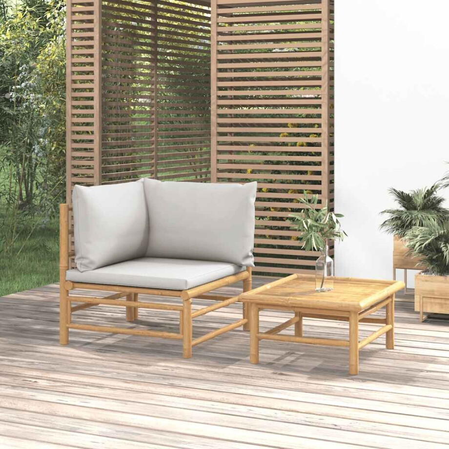 vidaXL 2-delige Loungeset met kussens bamboe lightgrijs vidaXL 2-delige Loungeset met kussens bamboe lightgrijs afbeelding 1