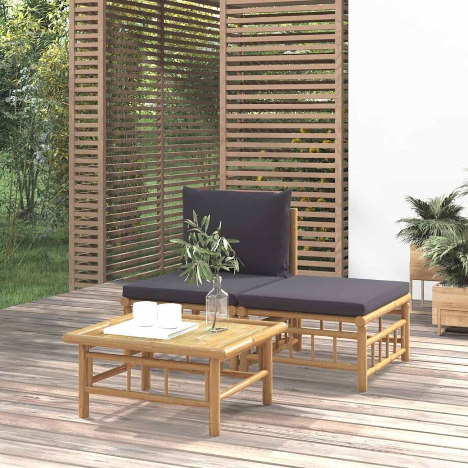 vidaXL 3-delige Loungeset met kussens bamboe donkergrijs vidaXL 3-delige Loungeset met kussens bamboe donkergrijs afbeelding 1