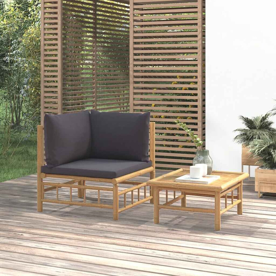 vidaXL 2-delige Loungeset met kussens bamboe donkergrijs vidaXL 2-delige Loungeset met kussens bamboe donkergrijs afbeelding 1