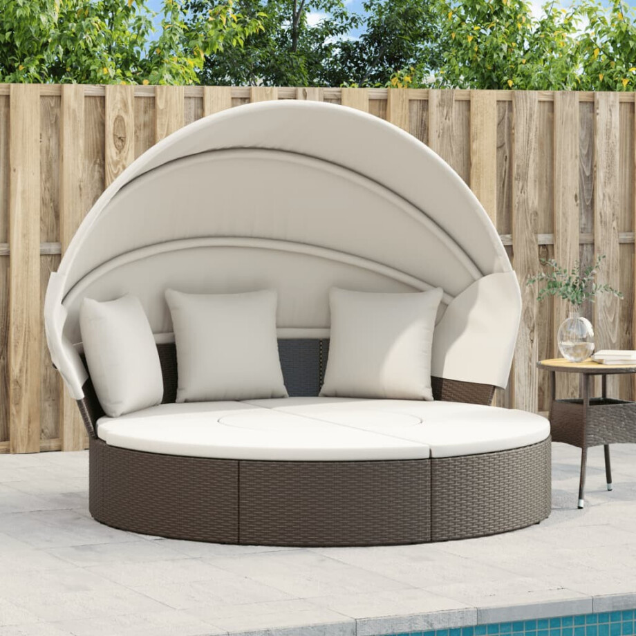 vidaXL Loungebed met luifel en kussens poly rattan bruin afbeelding 1