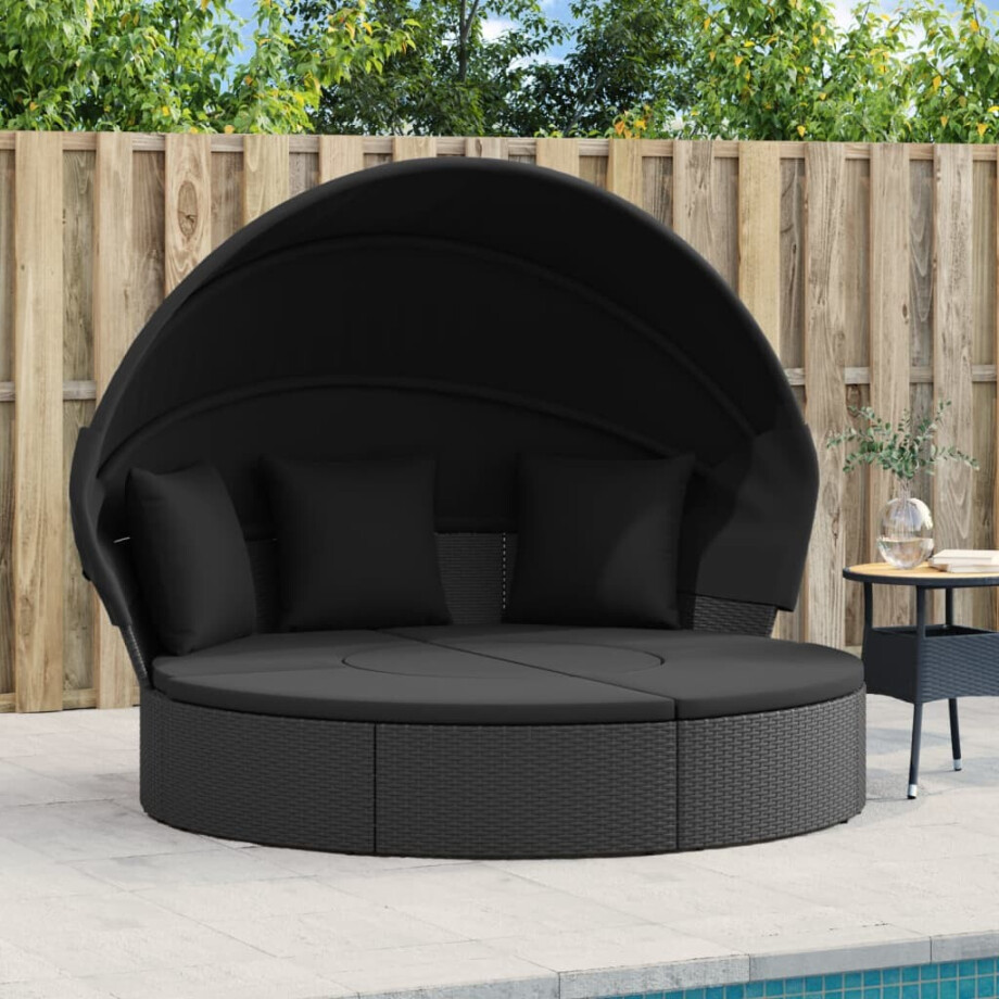 vidaXL Loungebed met luifel en kussens poly rattan zwart vidaXL Loungebed met luifel en kussens poly rattan zwart afbeelding 1