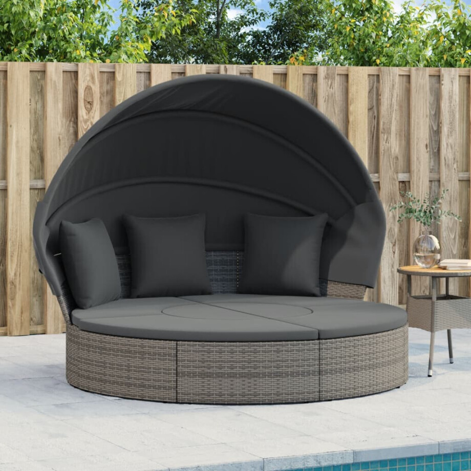vidaXL Loungebed met luifel en kussens poly rattan grijs afbeelding 1