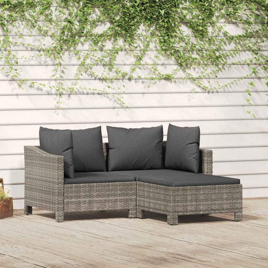 vidaXL 3-delige Loungeset met kussens poly rattan grijs afbeelding 1