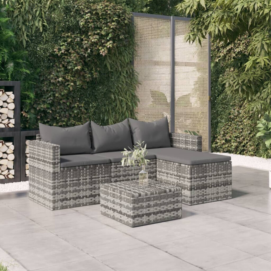 vidaXL 3-delige Loungeset met kussens poly rattan grijs afbeelding 1