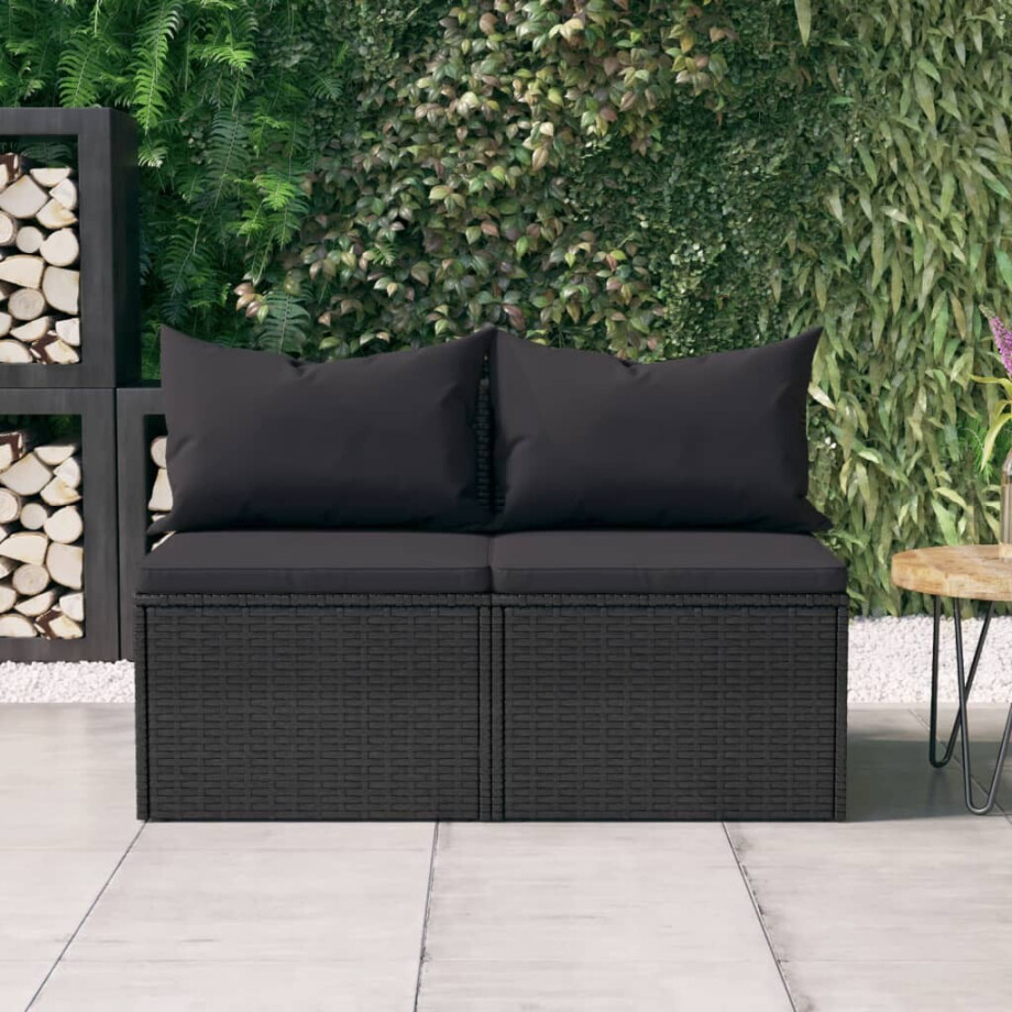 vidaXL Tuinmiddenbanken met kussens 2 st poly rattan zwart afbeelding 1