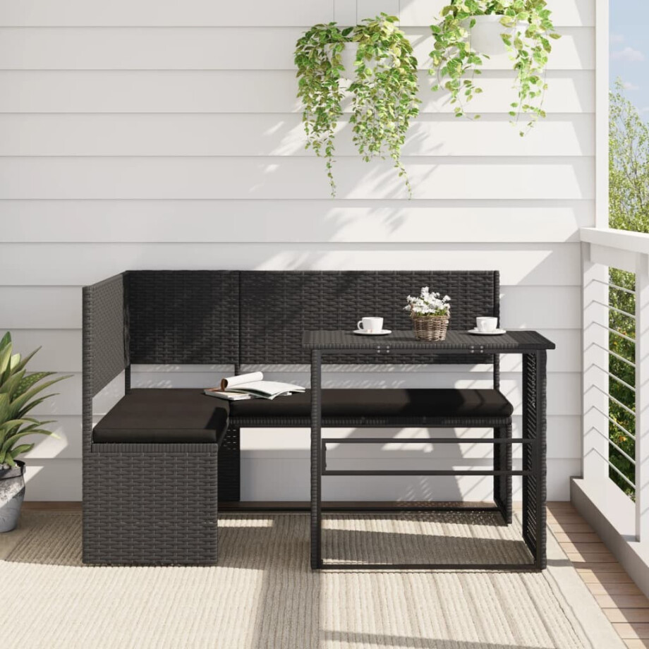 vidaXL Tuinbank met tafel en kussens L-vormig poly rattan zwart vidaXL Tuinbank met tafel en kussens L-vormig poly rattan zwart afbeelding 1