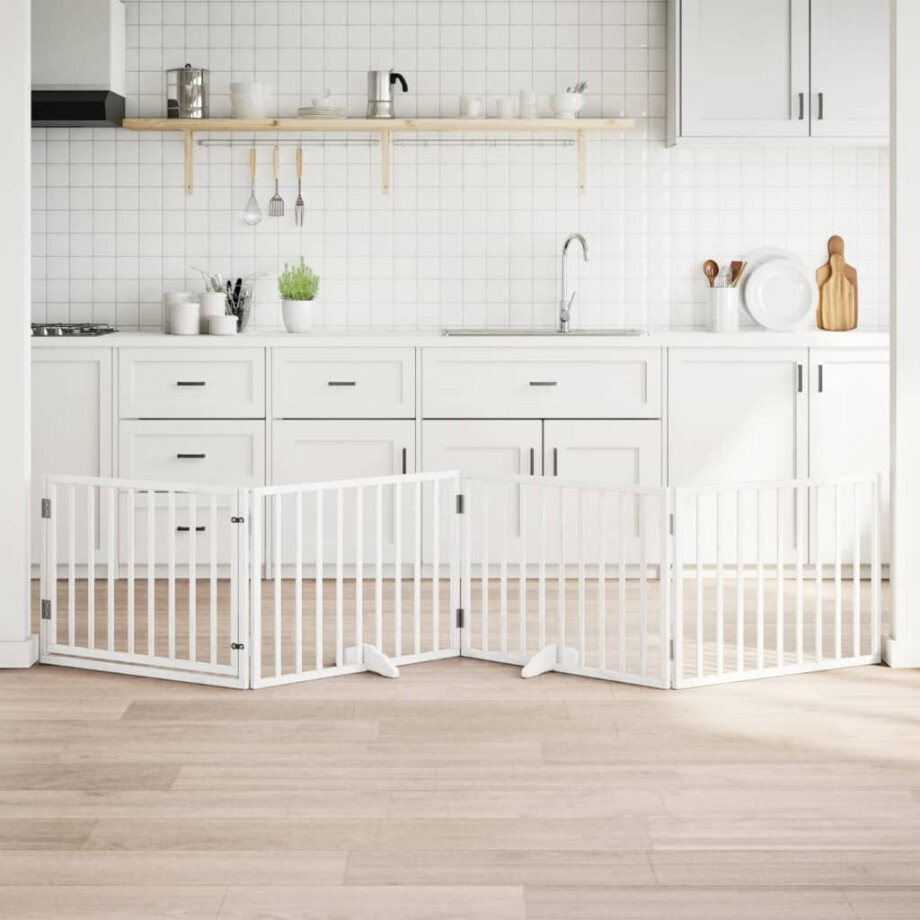 vidaXL Hondenhek inklapbaar met deur 4 panelen 320 cm populierhout wit afbeelding 1