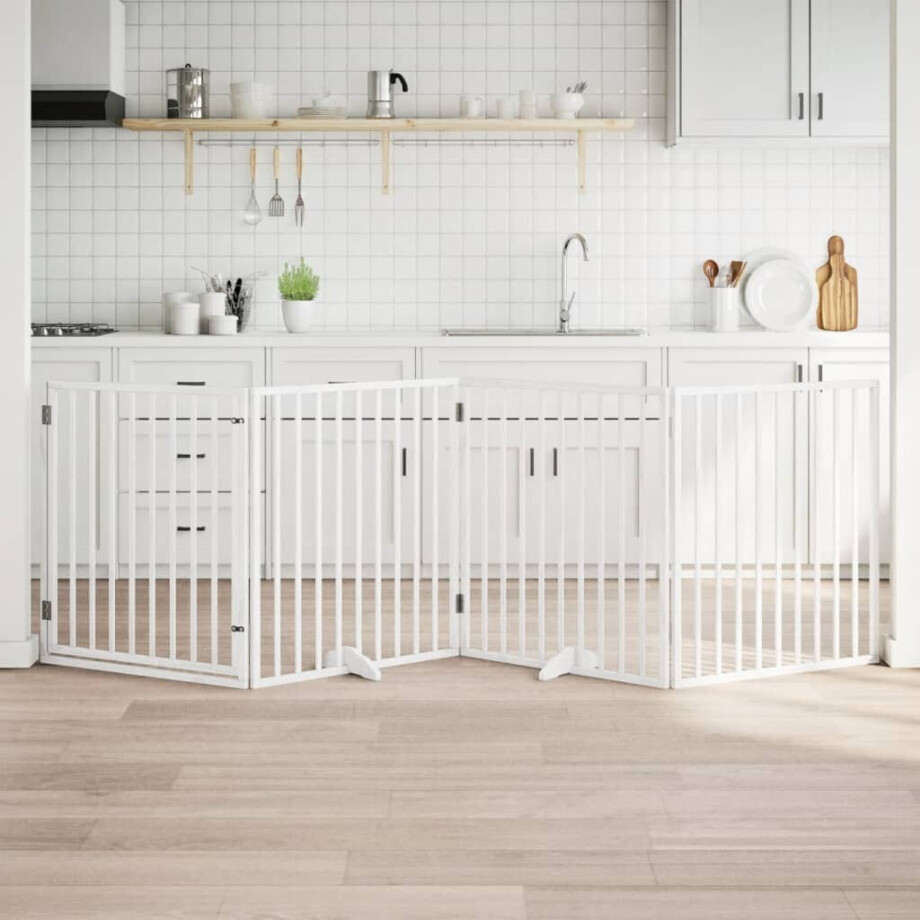 vidaXL Hondenhek inklapbaar met deur 4 panelen 320 cm populierhout wit afbeelding 1